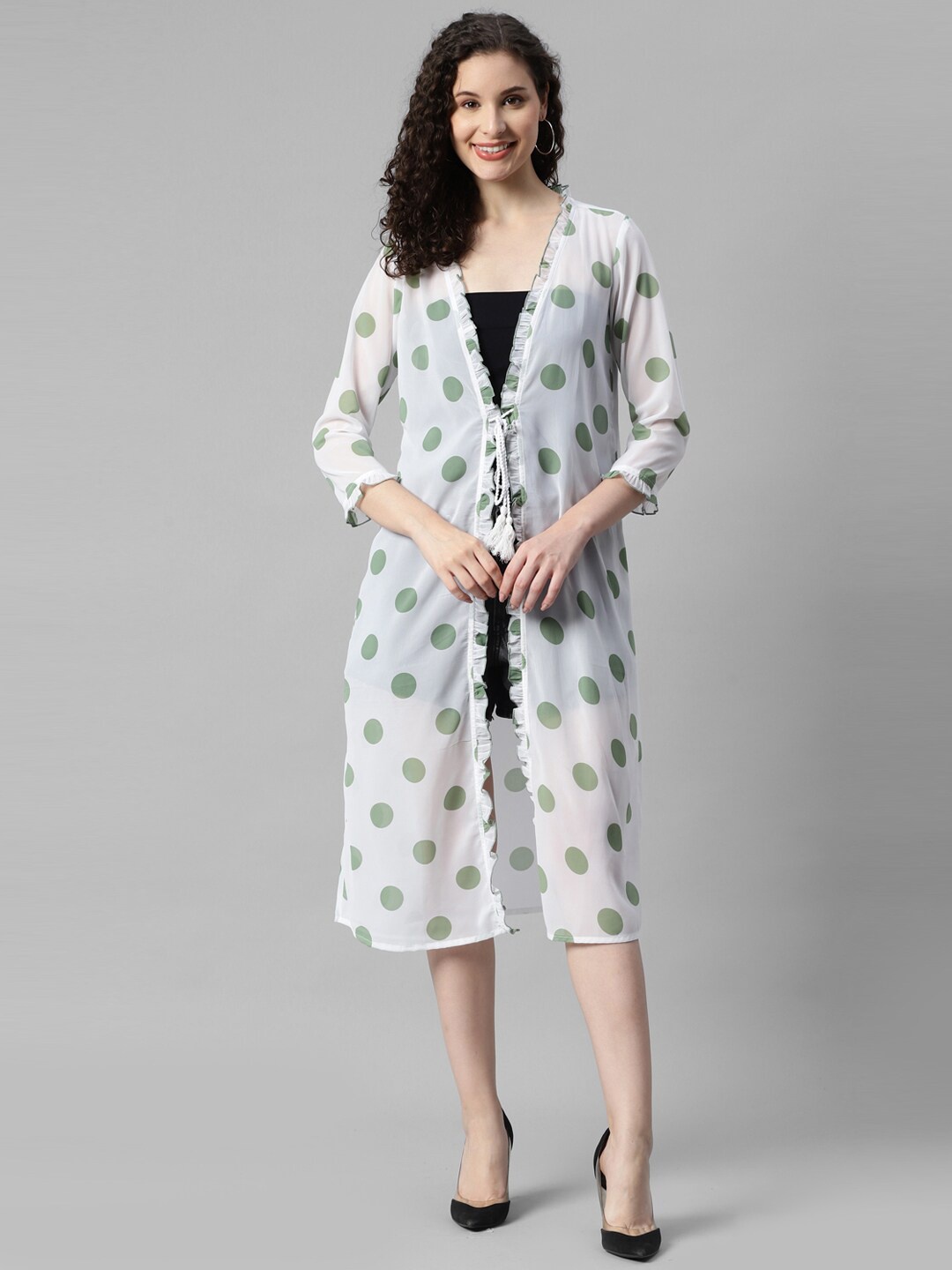 

DEEBACO Polka Dot Printed Longline Tie-Up Shrug, White