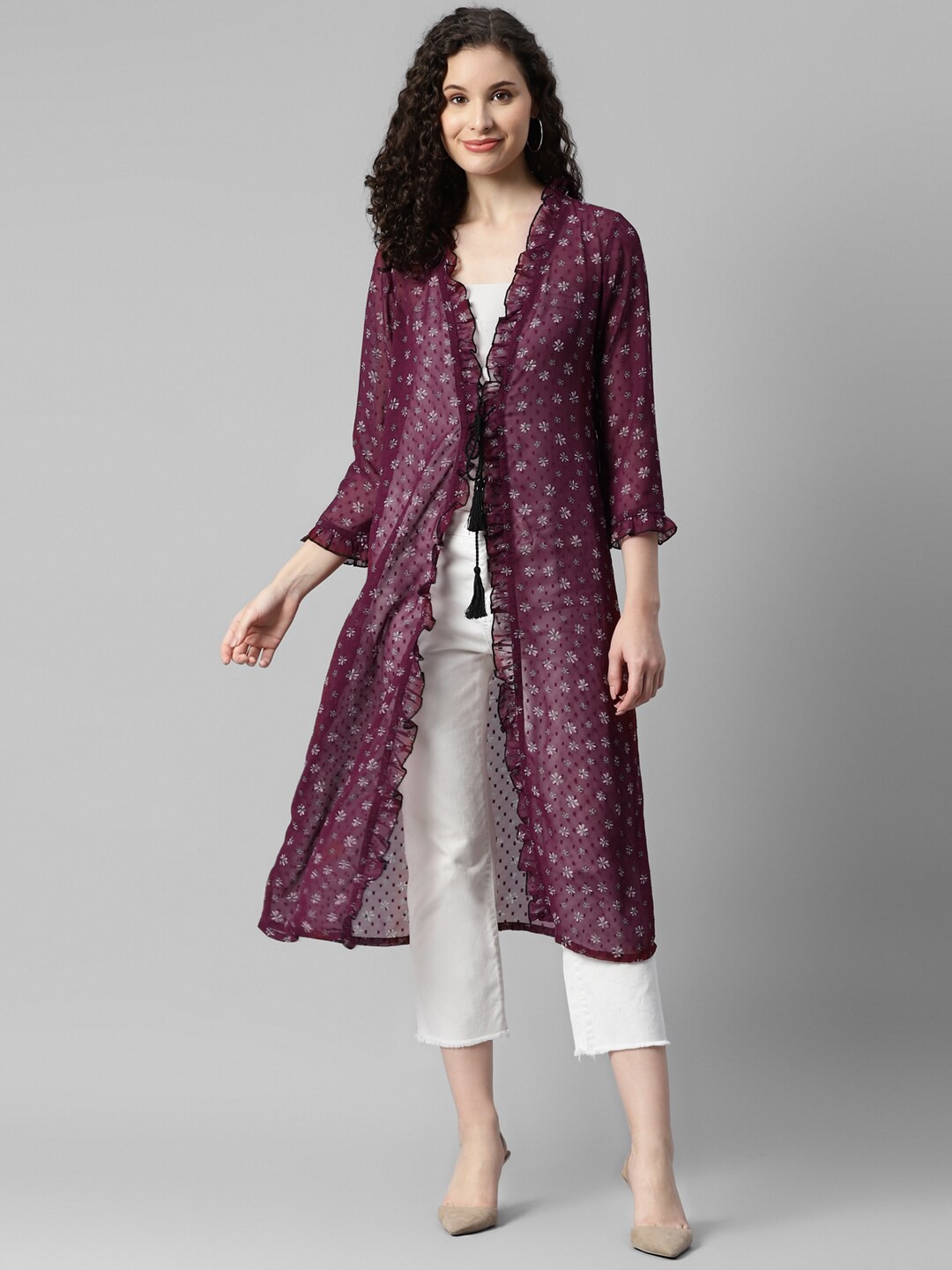 

DEEBACO Floral Printed Longline Tie-Up Shrug, Maroon