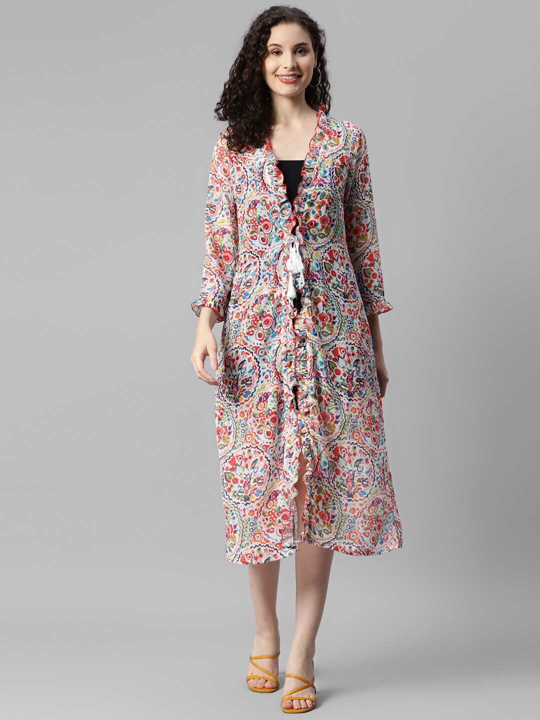 

DEEBACO Ethnic Motifs Printed Longline Tie-Up Shrug, Red