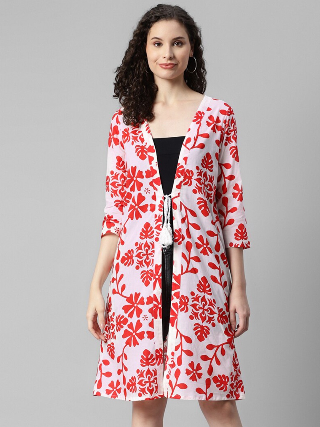 

DEEBACO Floral Printed Longline Tie-Up Shrug, Red