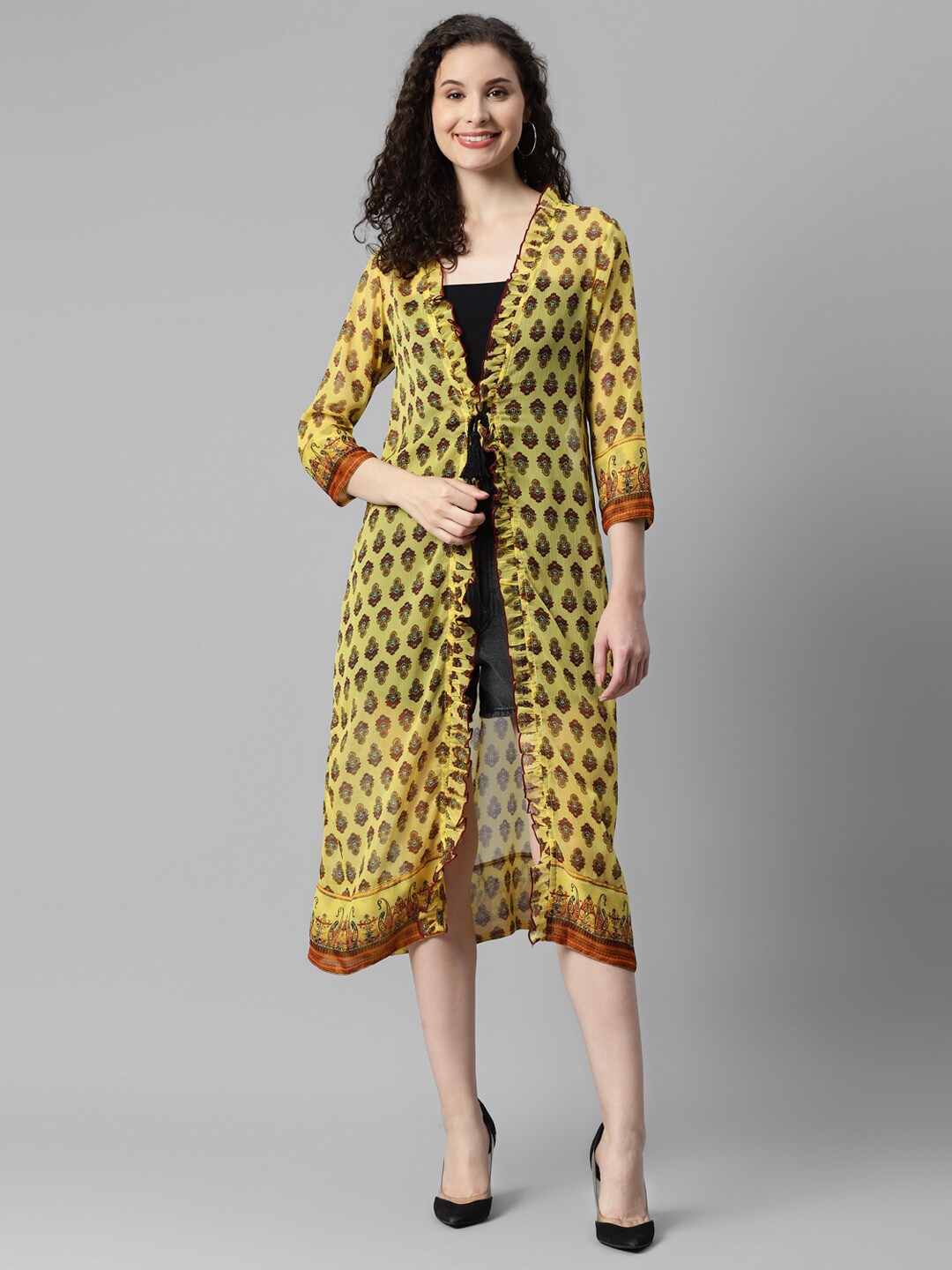 

DEEBACO Ethnic Motif Printed Longline Tie-Up Shrug, Yellow