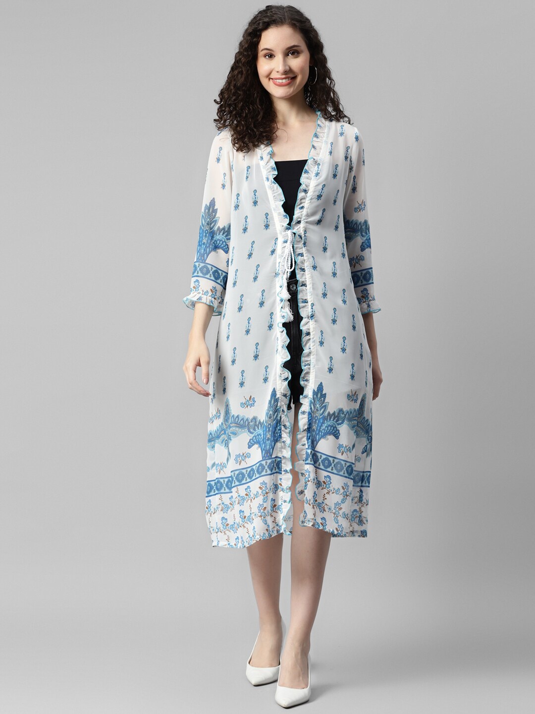 

DEEBACO Ethnic Motifs Printed Ruffled Longline Tie-Up Shrug, White