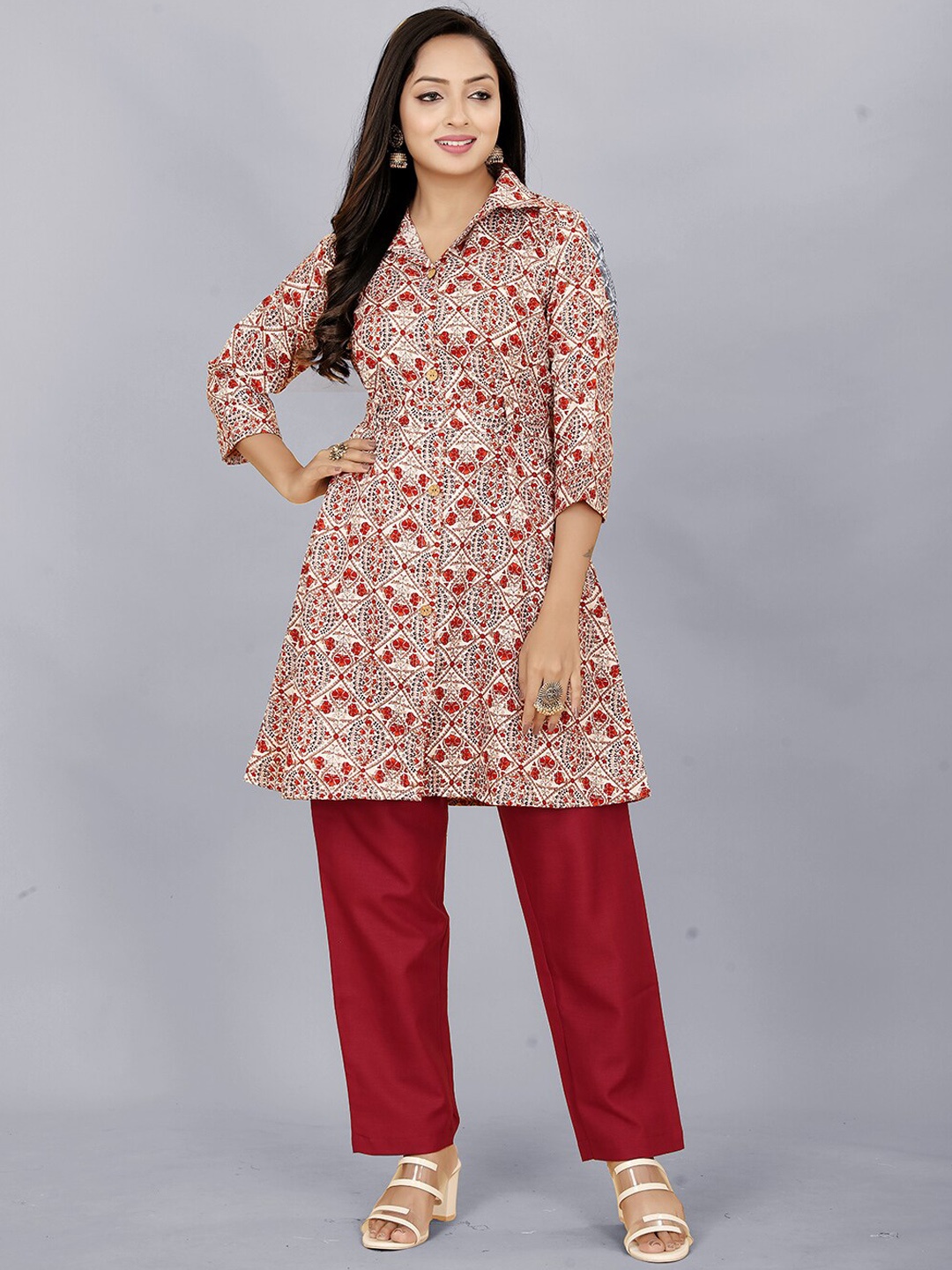 Lilots Ethnic Motifs Printed Shirt Collar Kurti With Trousers, Maroon