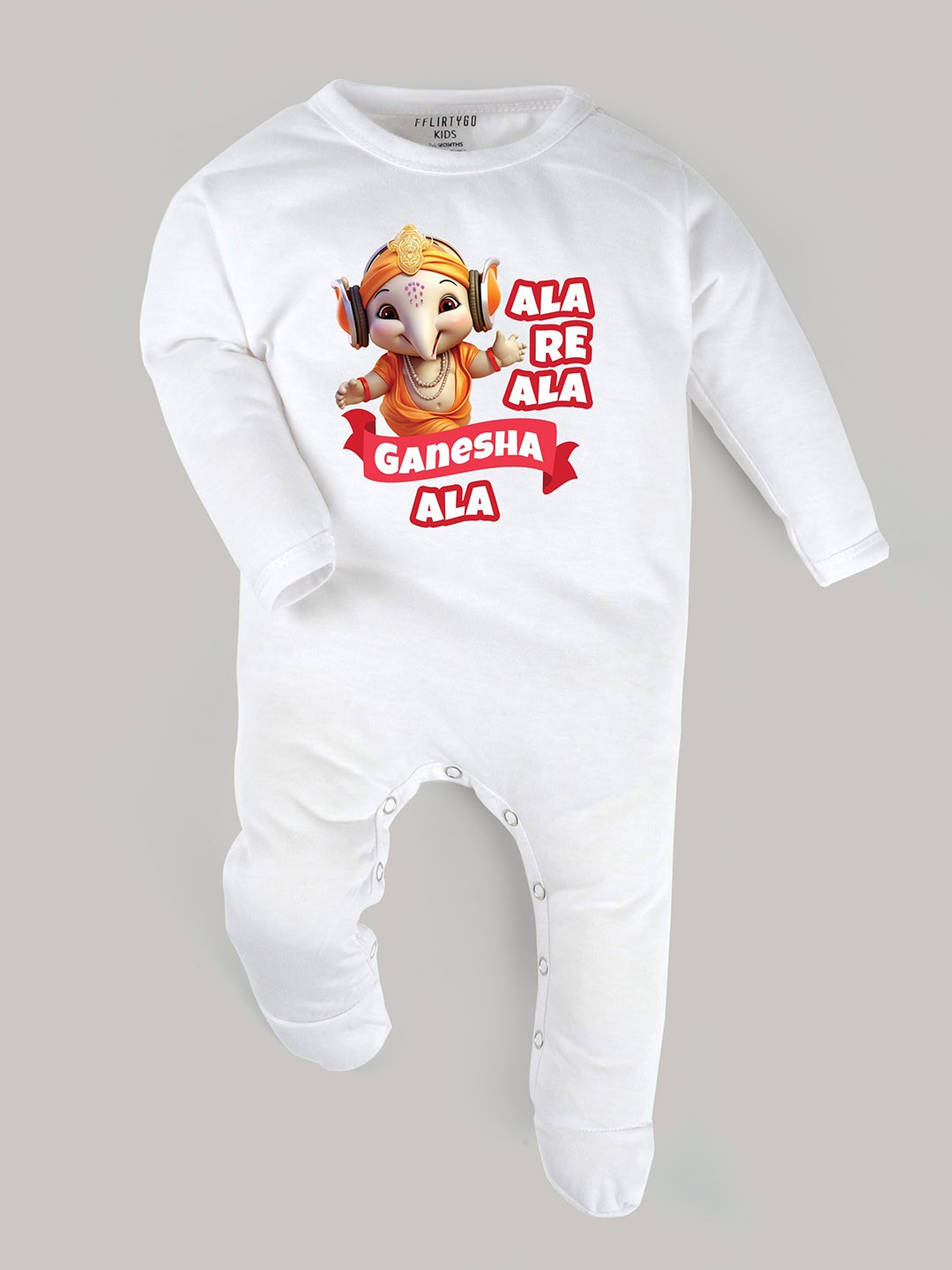 

FFLIRTYGO Infants Printed Pure Cotton Ganesh Chaturthi Special Sleepsuit, White