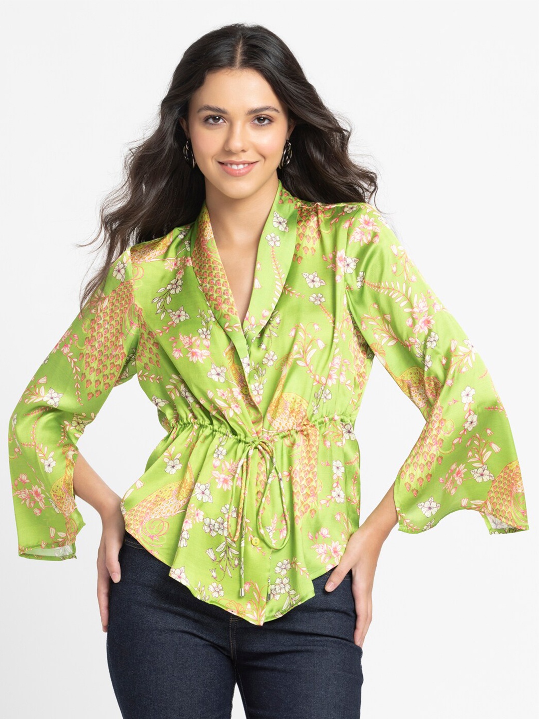 

SHAYE Classic Floral Printed Tie Up Top, Lime green