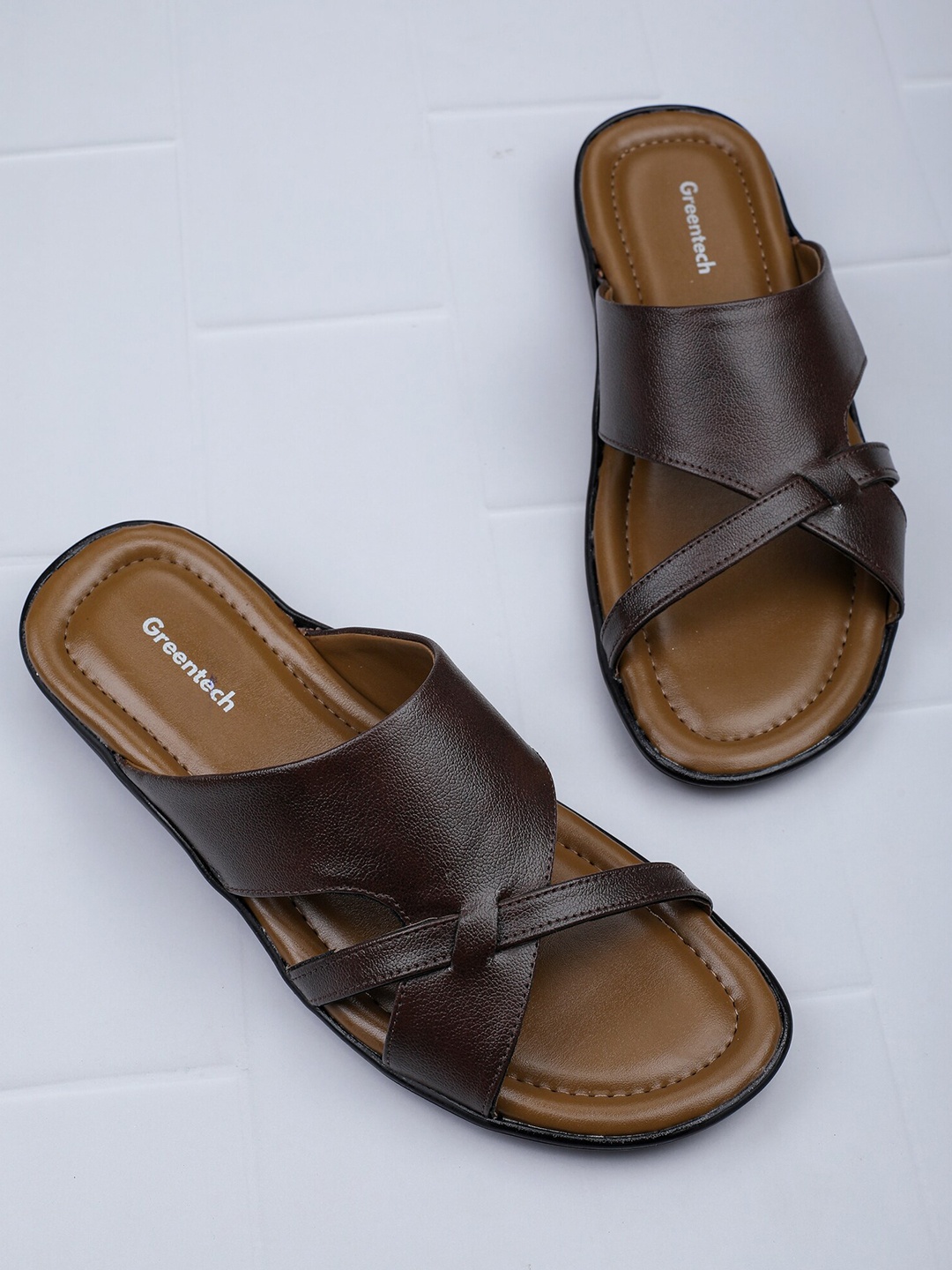 

Greentech Men Textured Ethnic Comfort Sandals, Brown