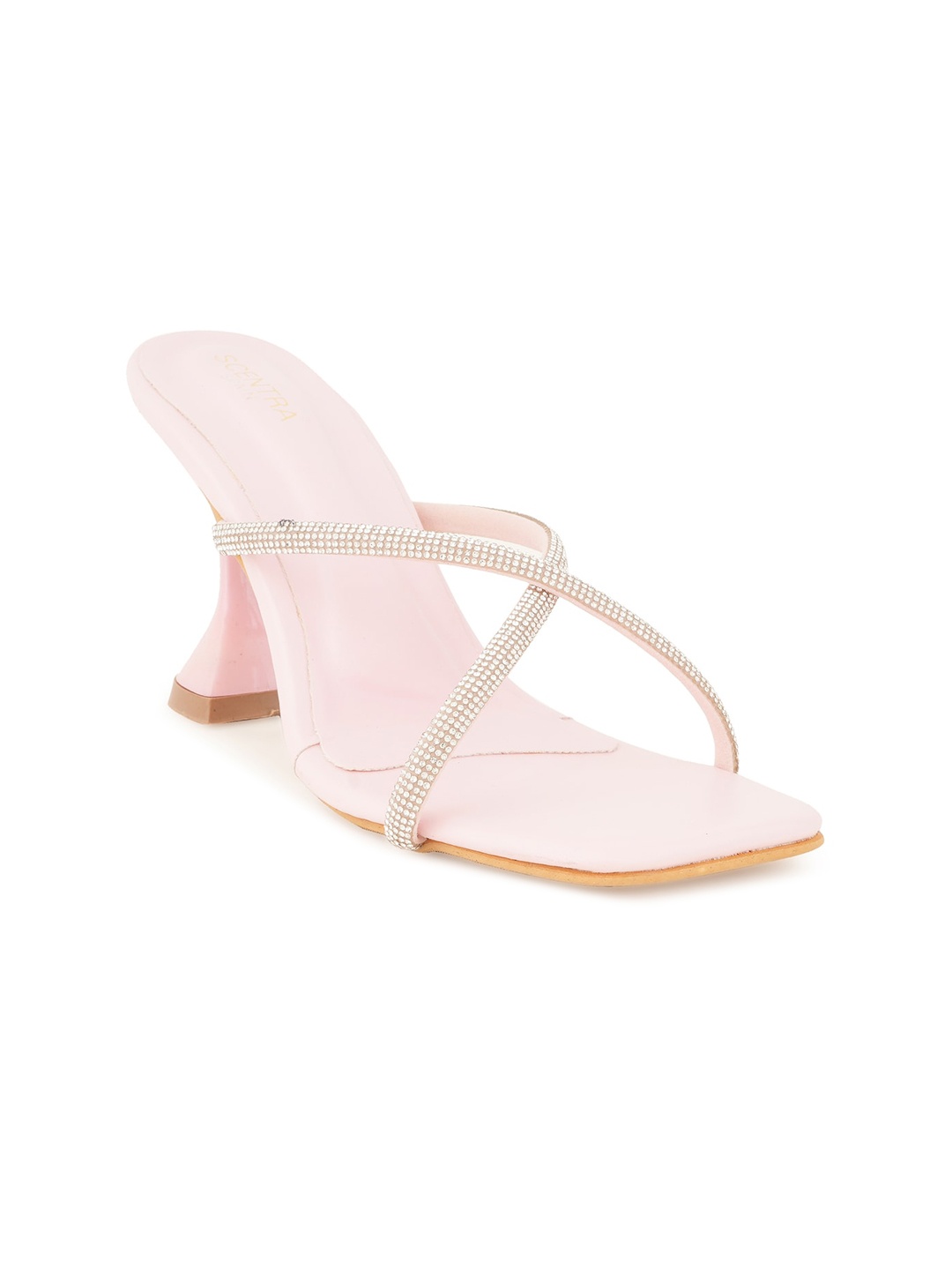 

SCENTRA Cross Strap Embellished Block Heels, Pink