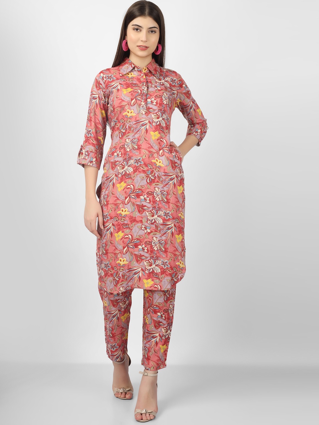 

CELEBRAVO Floral Printed Shirt Collar Kurta With Trousers, Pink