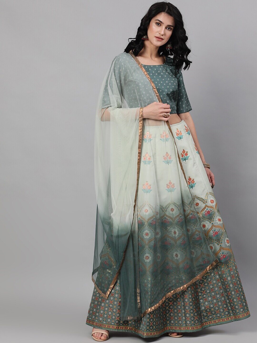 

AKS Printed Silk Ready to Wear Lehenga & Blouse With Dupatta, Green
