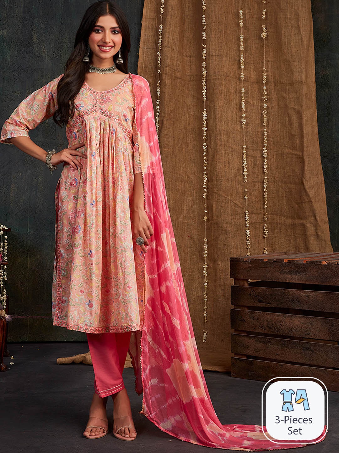 

Sangria Floral Embroidered Empire A-Line Kurta With Trouser & Dupatta, Peach