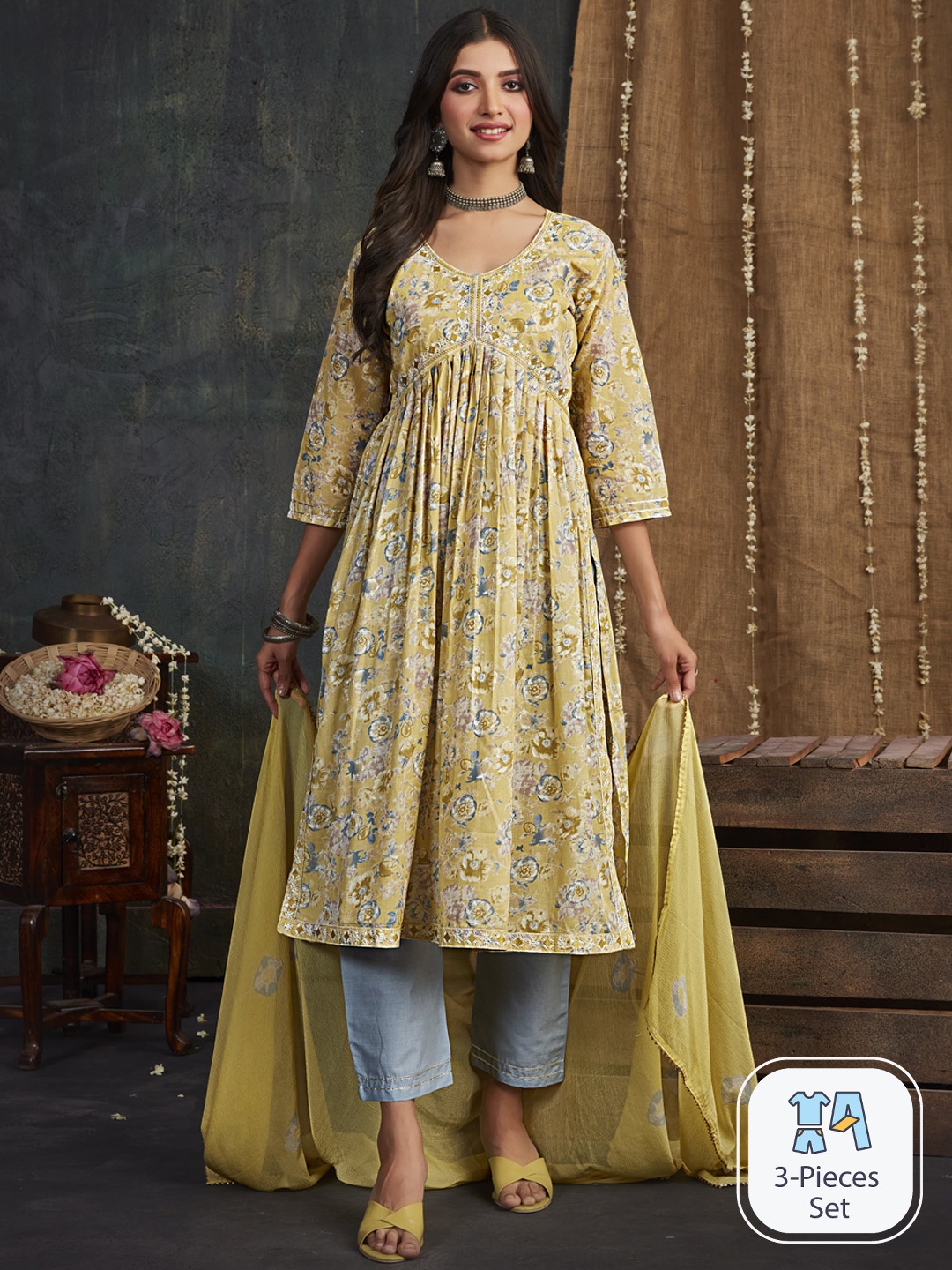 

Sangria Floral Embroidered Empire A-Line Kurta With Trouser & Dupatta, Yellow