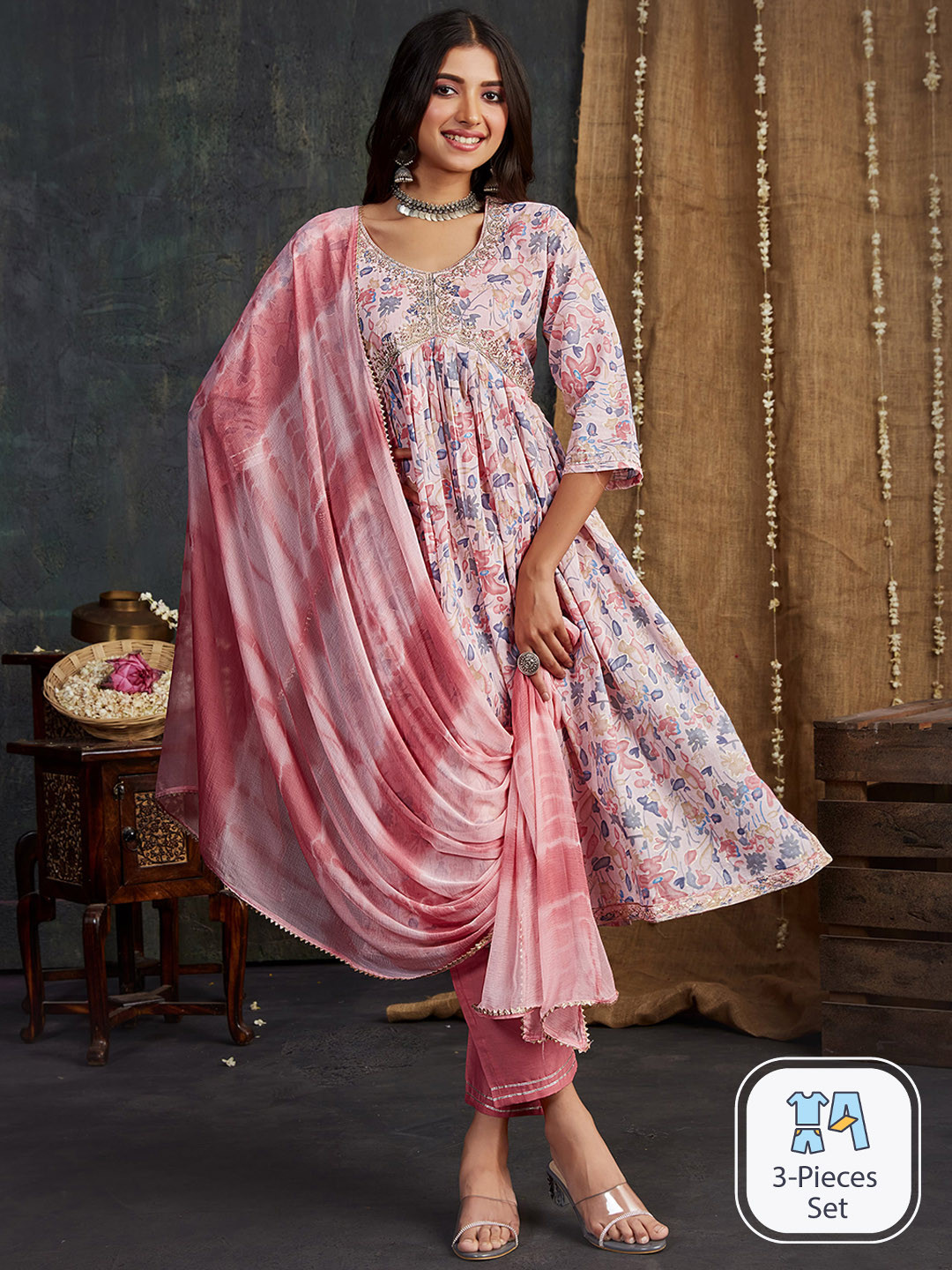 

Sangria Floral Printed & Embroidery Pure Cotton A-Line Kurta With Trouser & Dupatta, Pink