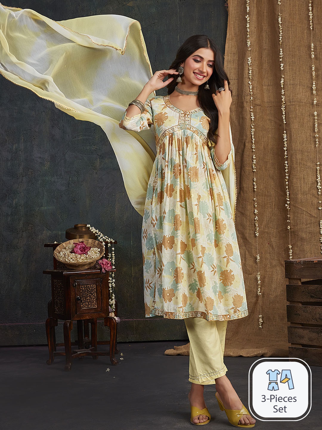 

Sangria Floral Printed Thread Work Detail Empire A-Line Kurta & Trouser With Dupatta, Yellow