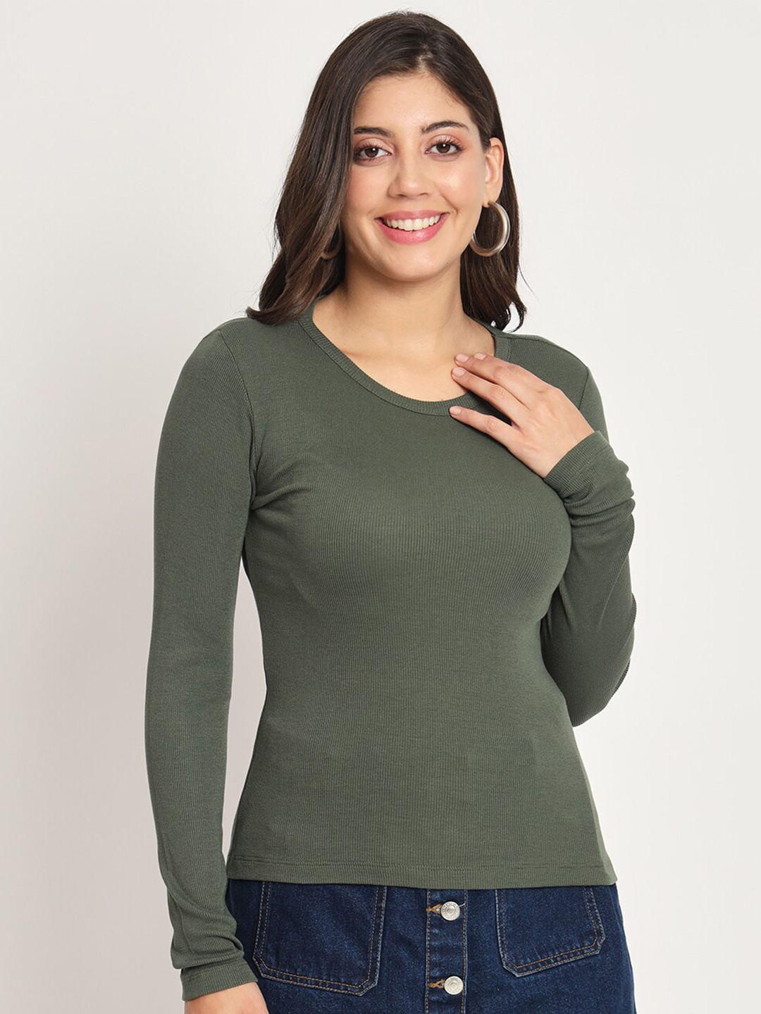 

CHARMGAL Ribbed Round Neck Fitted Top, Olive