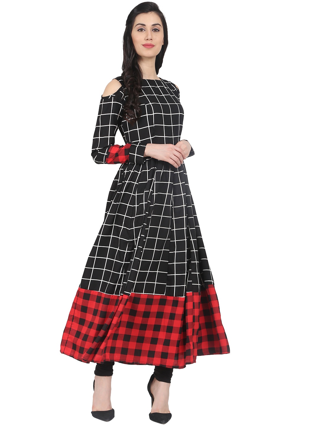 

Nayo Women Black & Red Checked Cold Shoulder Anarkali Kurta
