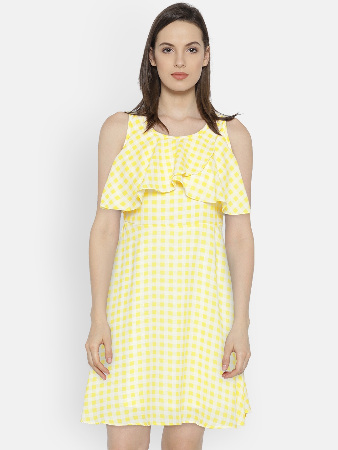 

Honey by Pantaloons Women Yellow & White Checked Fit and Flare Dress