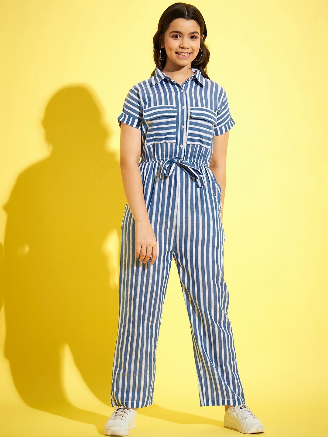 

StyleStone Girls Striped Waist Tie Ups Cotton Basic Jumpsuit, Blue