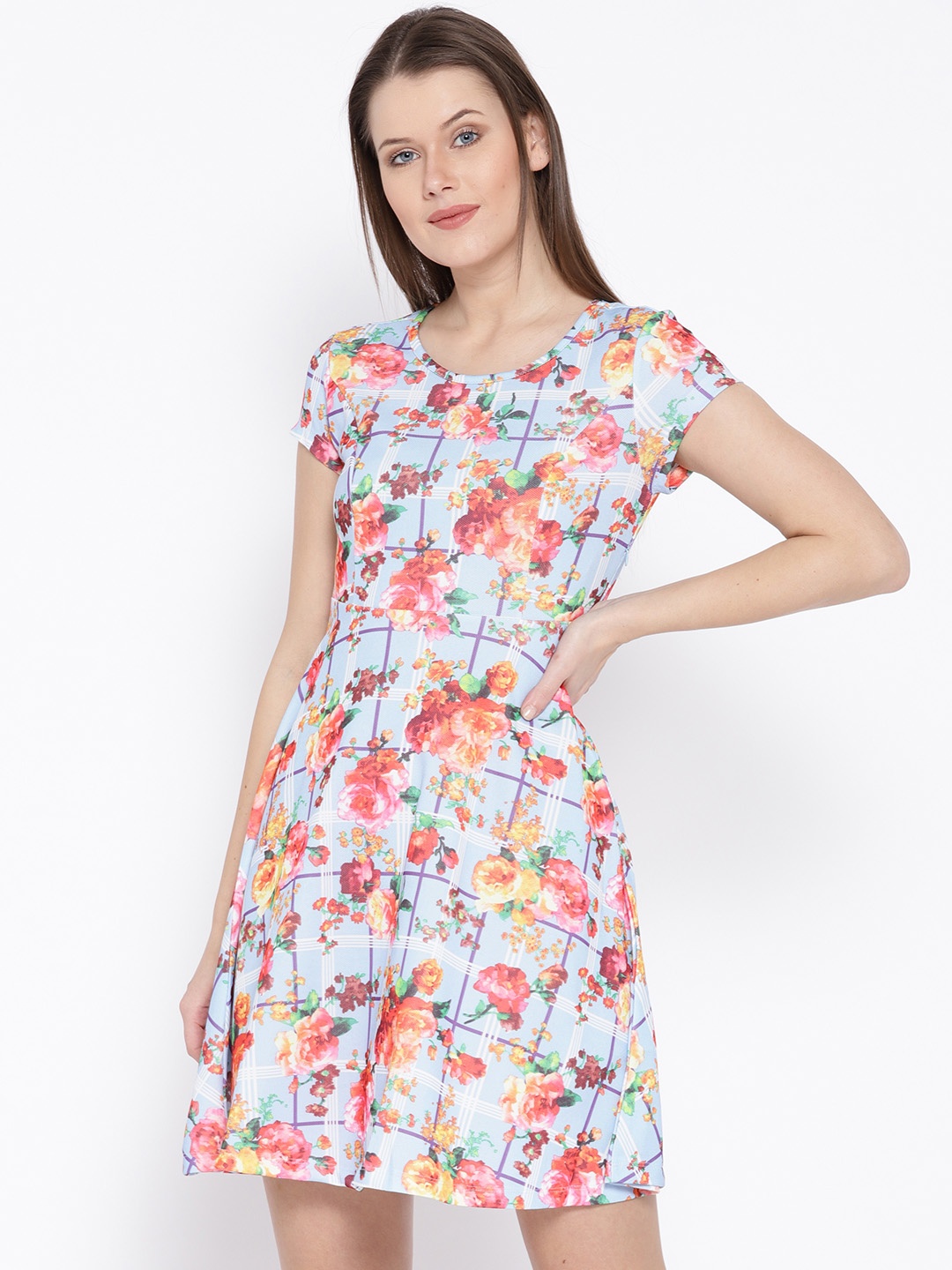 

Honey by Pantaloons Women Blue & Pink Floral Print Fit and Flare Dress
