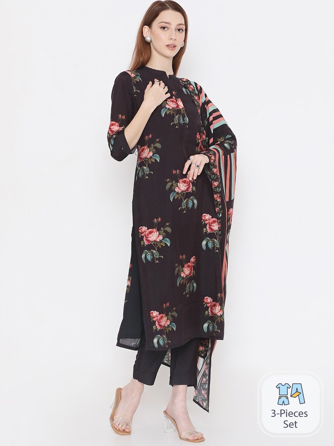

PRESENT CREATION Floral Printed Pure Cotton Straight Kurta With Trousers & Dupatta, Brown