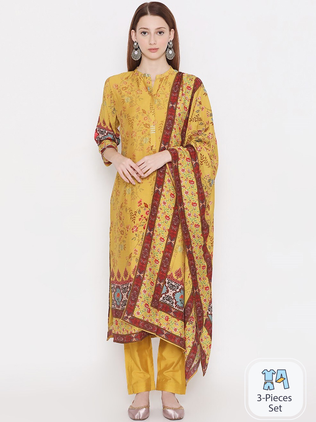 

PRESENT CREATION Floral Printed Pure Cotton Straight Kurta With Trousers & Dupatta, Yellow