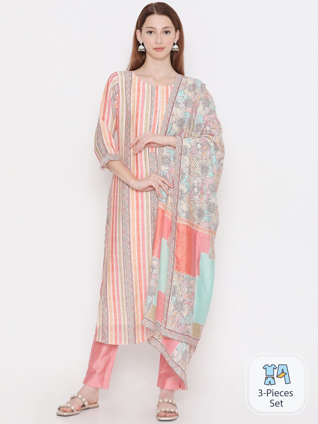 

PRESENT CREATION Striped Pure Cotton Straight Kurta With Trousers & Dupatta, Pink