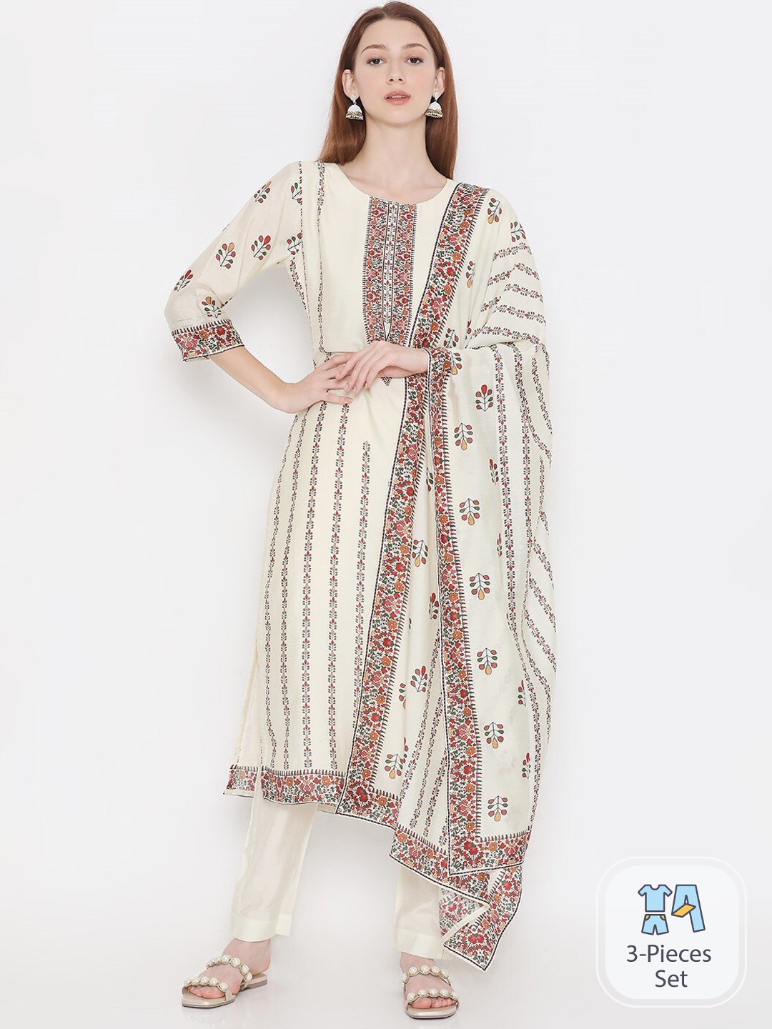 

PRESENT CREATION Floral Printed Pure Cotton Straight Kurta With Trousers & Dupatta, White