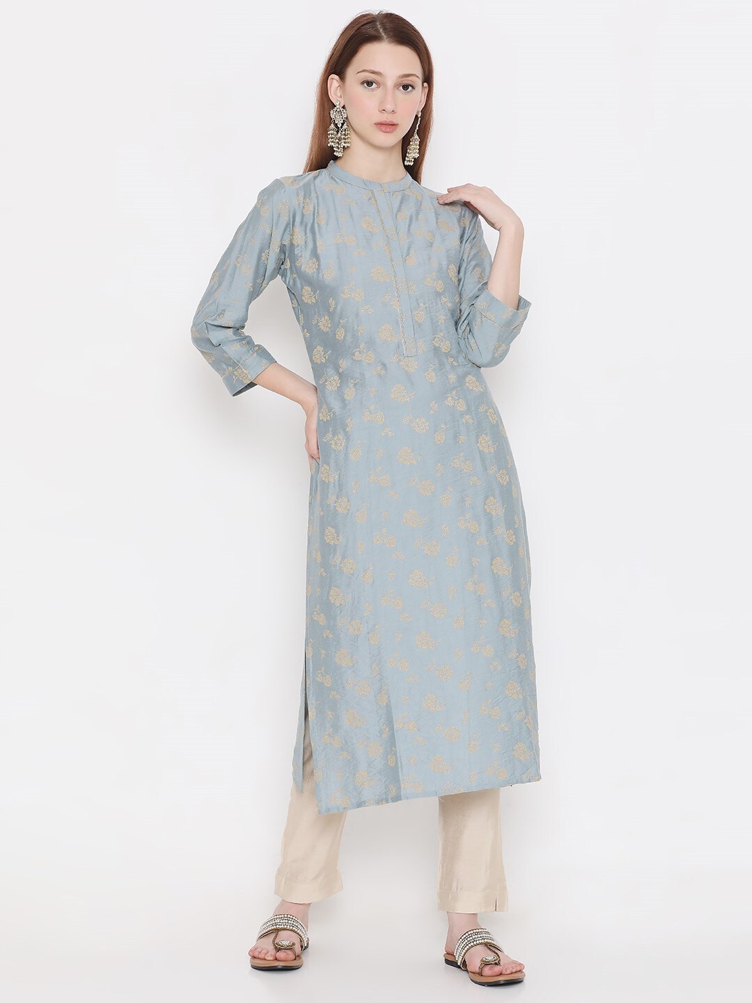 

PRESENT CREATION Floral Printed Mandarin Collar Pure Cotton Straight Kurta, Grey
