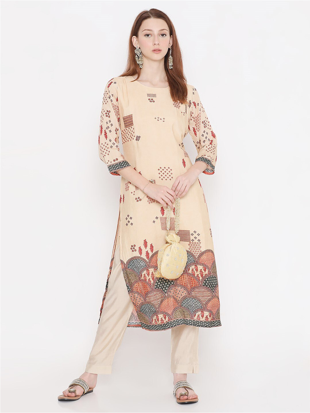 

PRESENT CREATION Ethnic Motifs Printed Round Neck Pure Cotton Kurta, Beige
