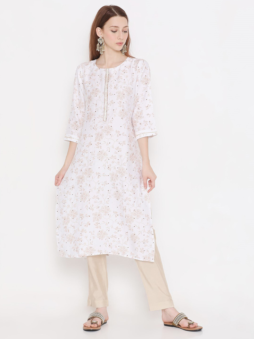 

PRESENT CREATION Floral Printed Pure Cotton Straight Kurta, Cream