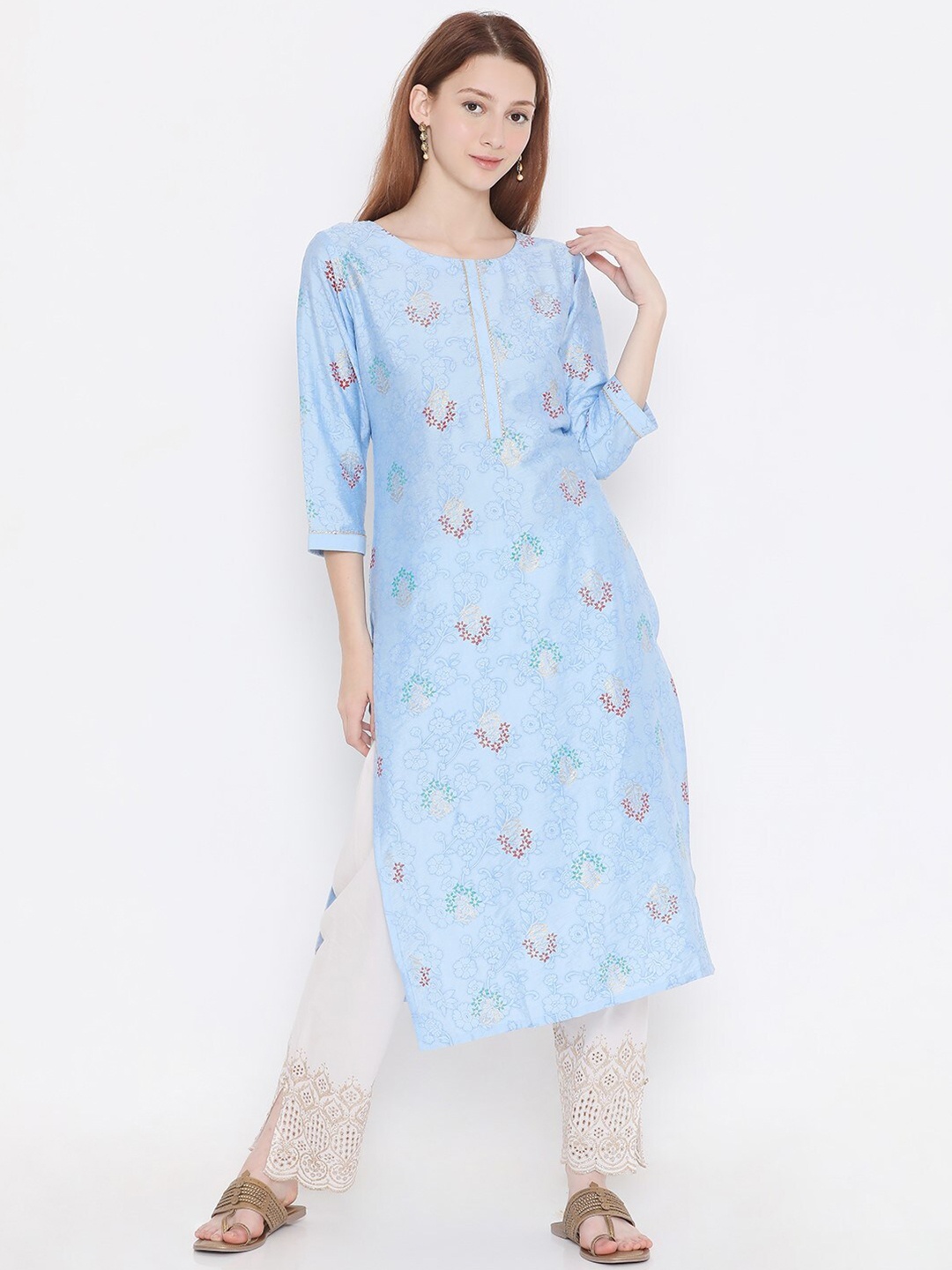 

PRESENT CREATION Floral Printed Pure Cotton Straight Kurta, Blue