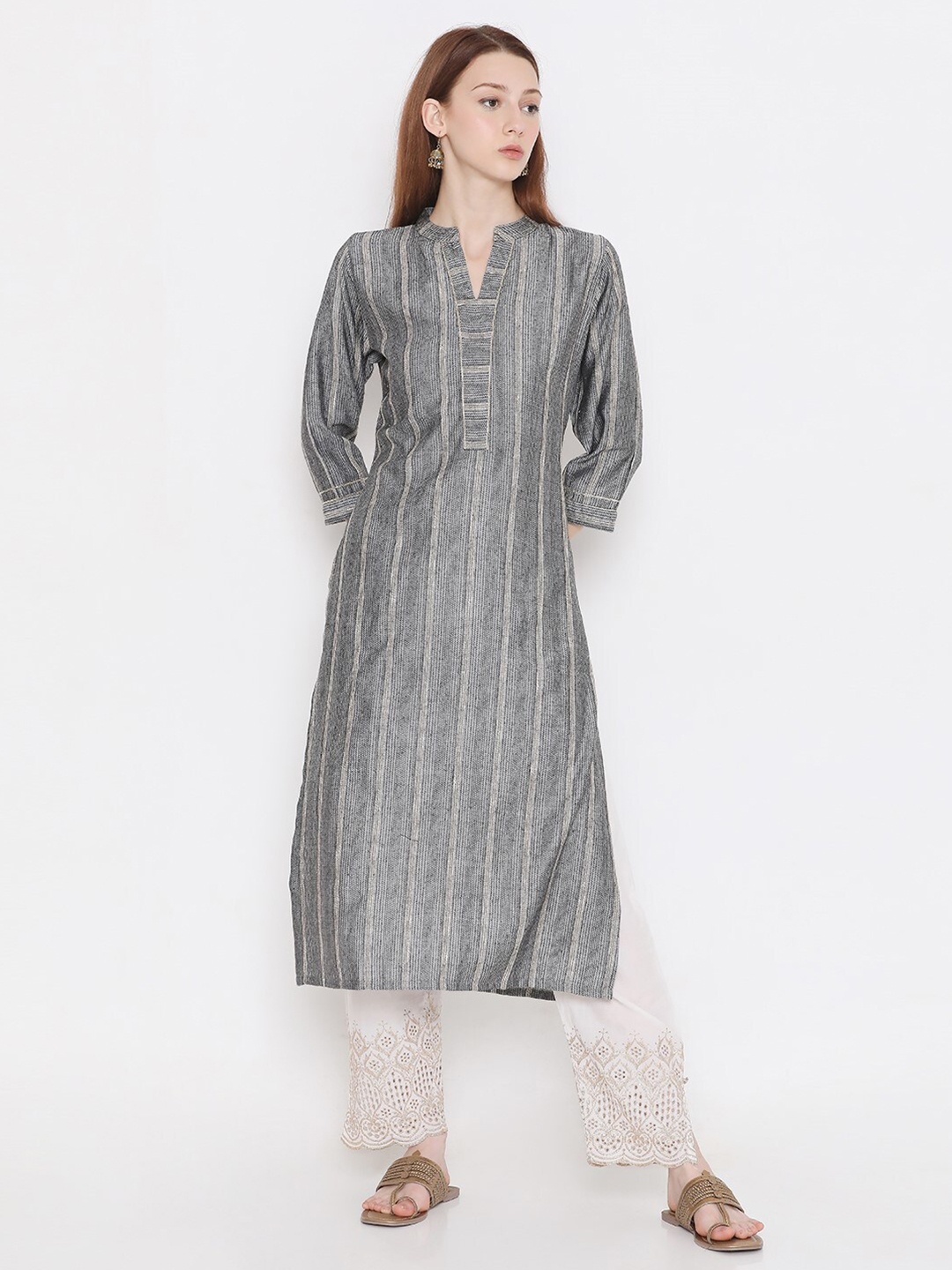 

PRESENT CREATION Striped Mandarin Collar Pure Cotton Kurta, Grey