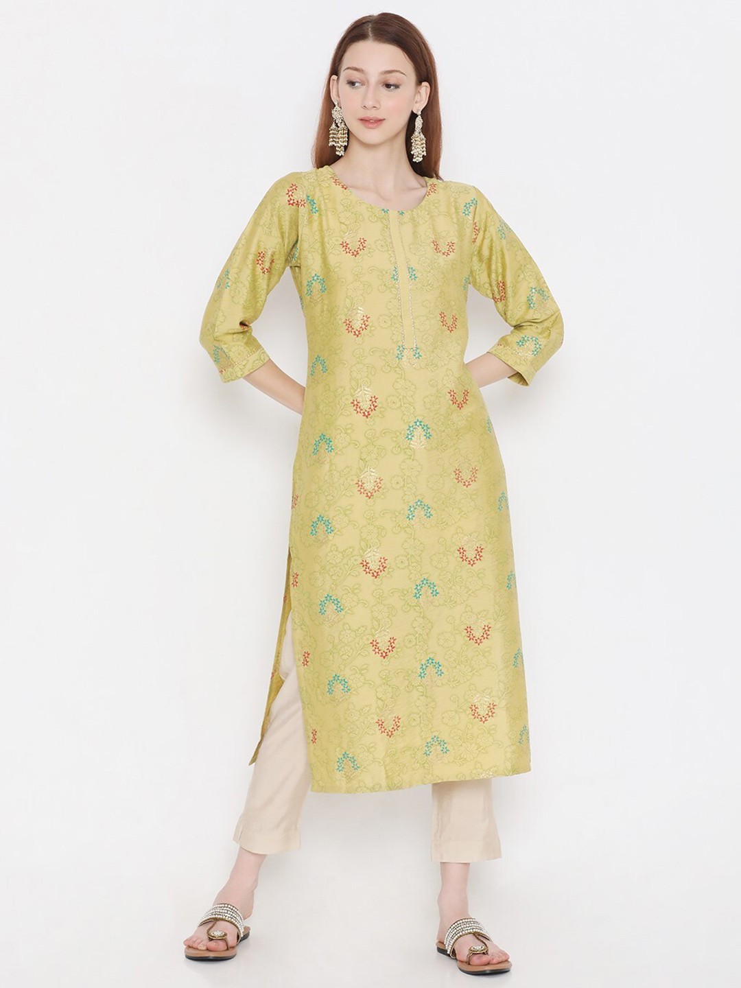 

PRESENT CREATION Floral Printed Gotta Patti Detailed Pure Cotton Straight Kurta, Green