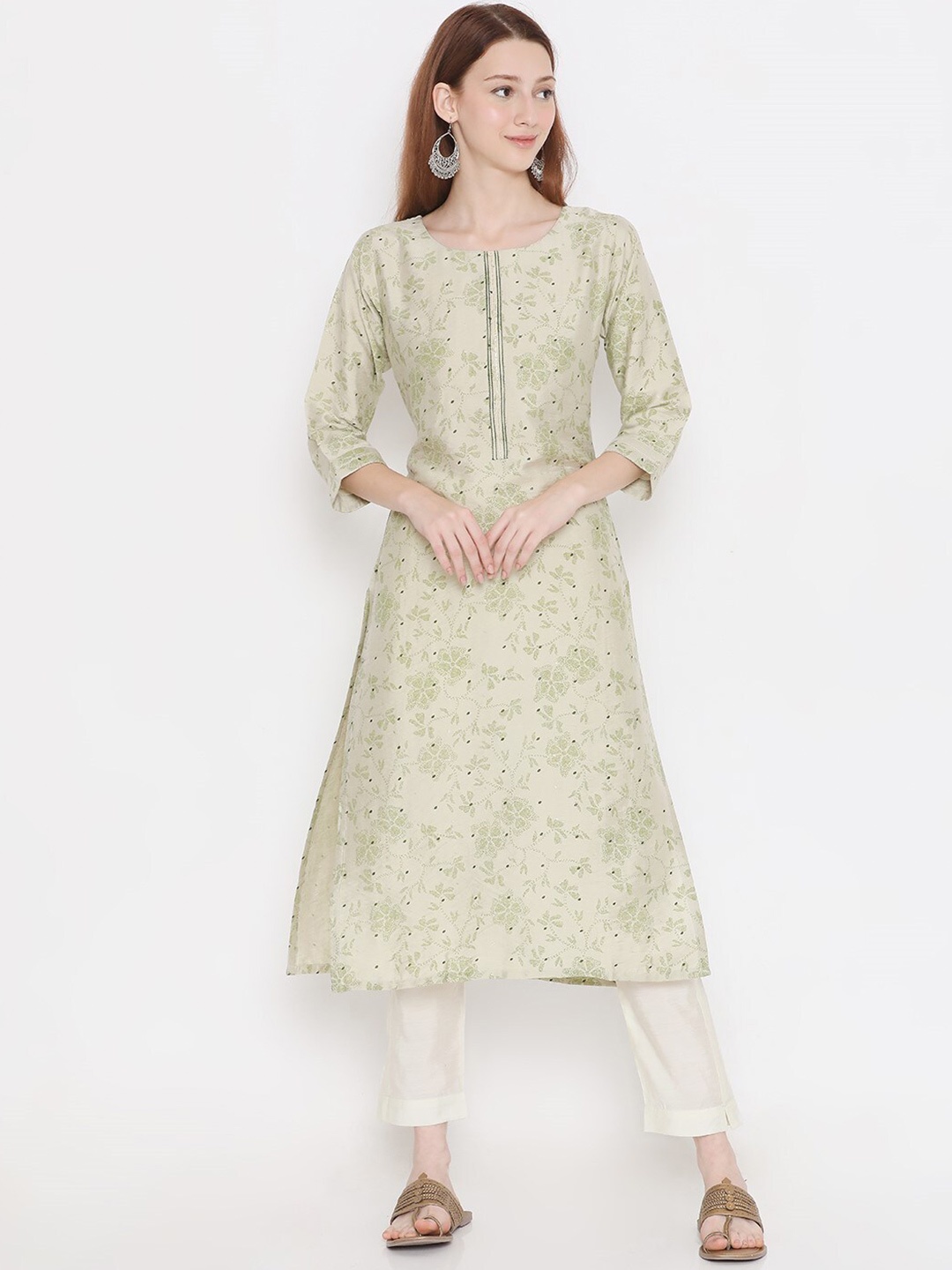 

PRESENT CREATION Floral Printed Pure Cotton Straight Kurta, Lime green