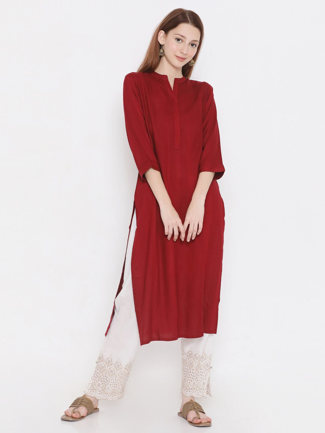 

PRESENT CREATION Striped Mandarin Collar Pure Cotton Straight Kurta, Red