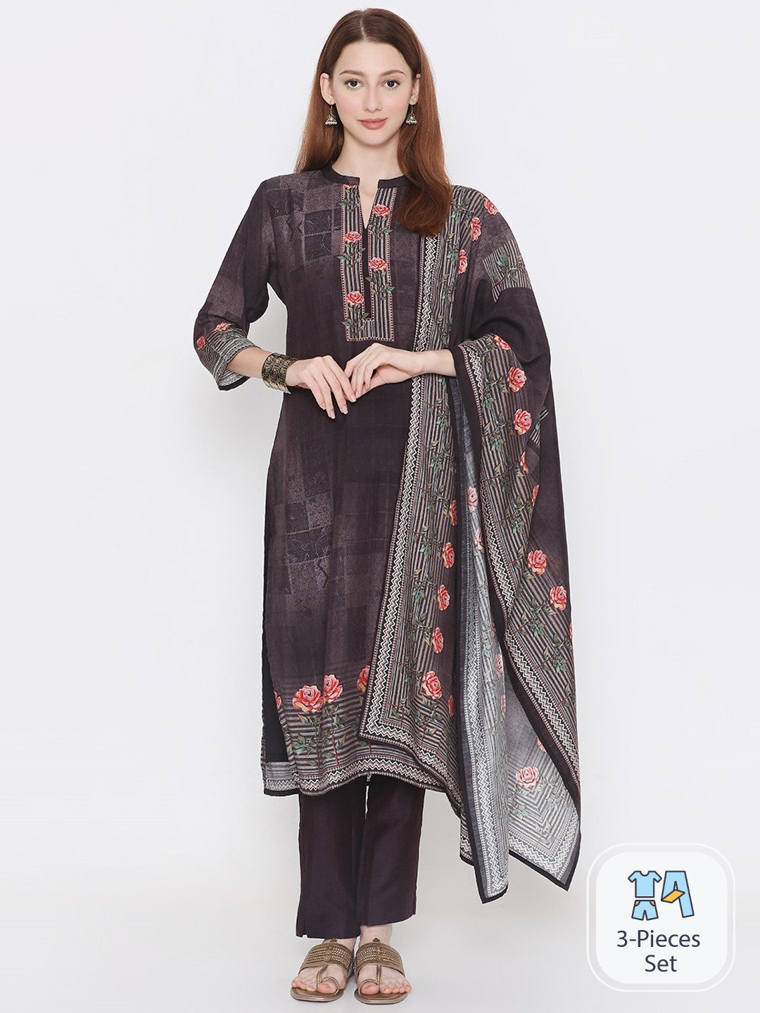 

PRESENT CREATION Floral Printed Pure Cotton Straight Kurta With Trousers & Dupatta, Brown