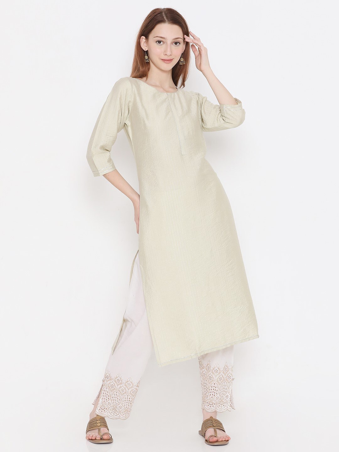 

PRESENT CREATION Striped Pure Cotton Straight Kurta, Beige