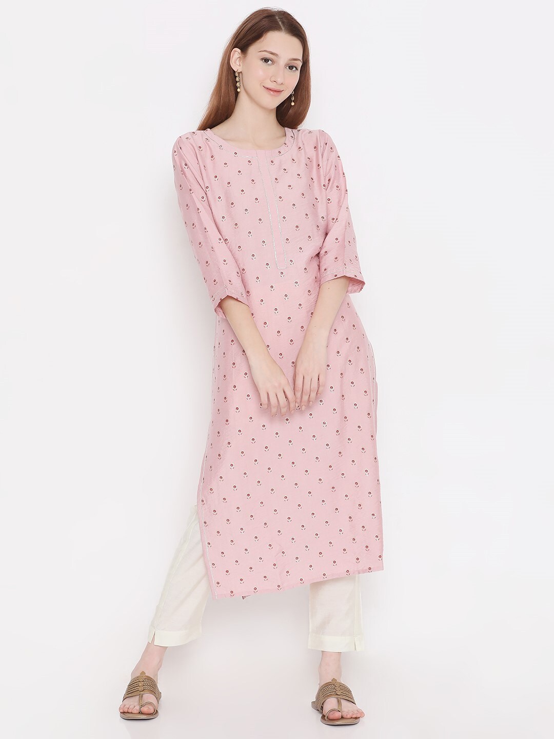 

PRESENT CREATION Floral Printed Gotta Patti Pure Cotton Kurta, Pink