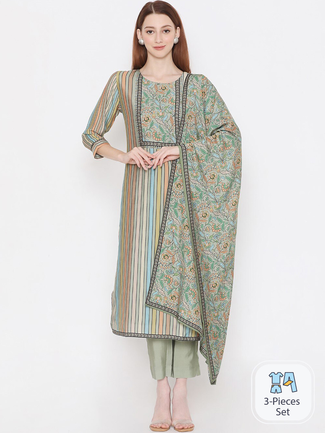 

PRESENT CREATION Floral Printed Pure Cotton Straight Kurta With Trousers & Dupatta, Green