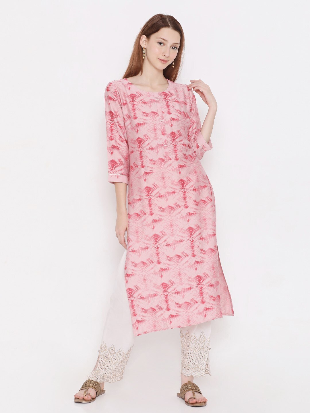 

PRESENT CREATION Tie & Dye Dyed Pure Cotton Straight Kurta, Pink