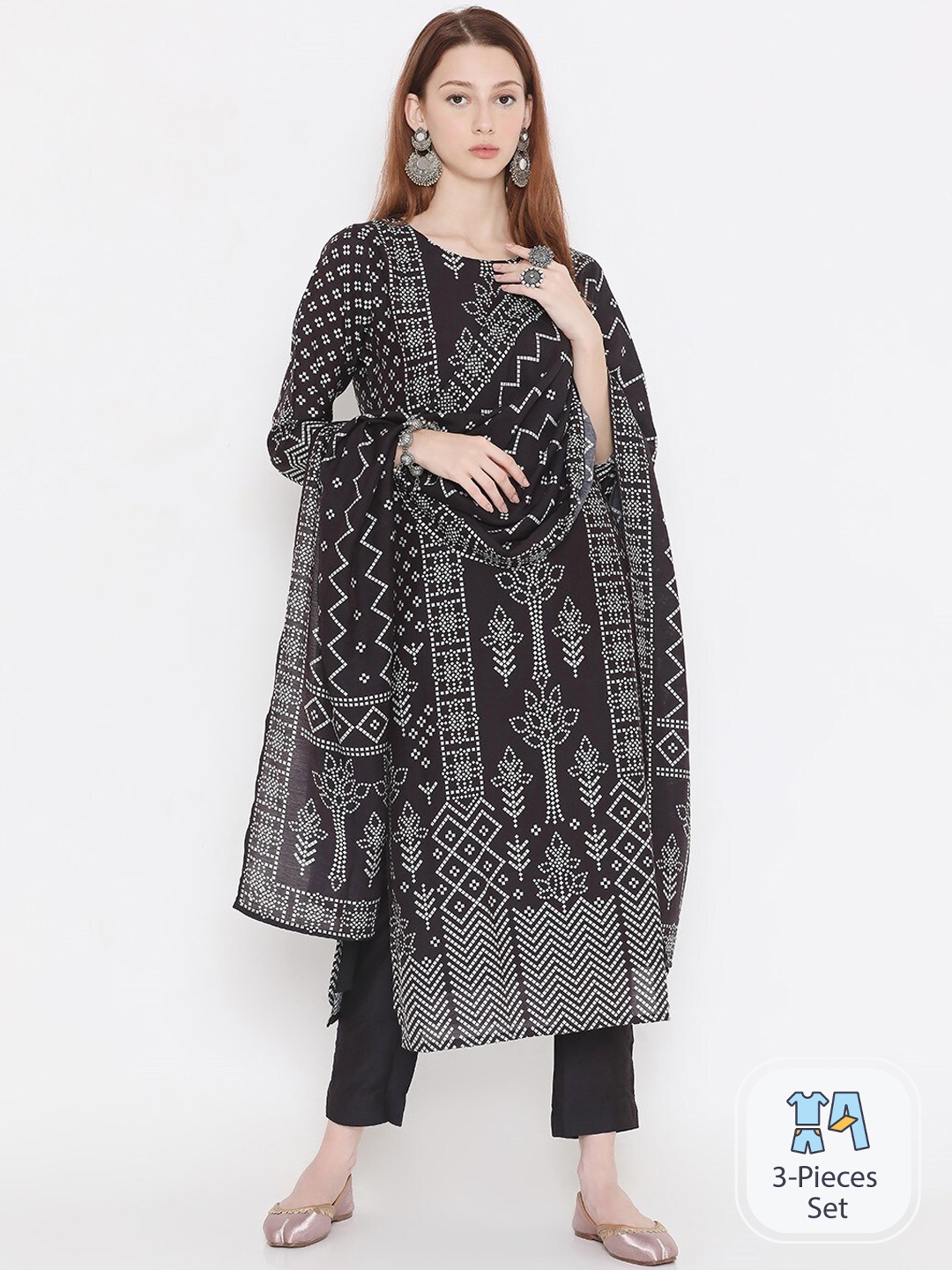 

PRESENT CREATION Bandhani Printed Regular Pure Cotton Kurta With Trousers & Dupatta, Black