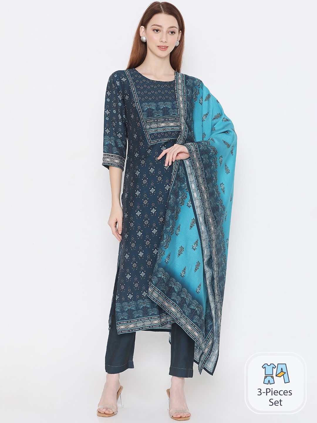 

PRESENT CREATION Ethnic Printed Regular Cotton Kurta With Trousers & Dupatta, Navy blue