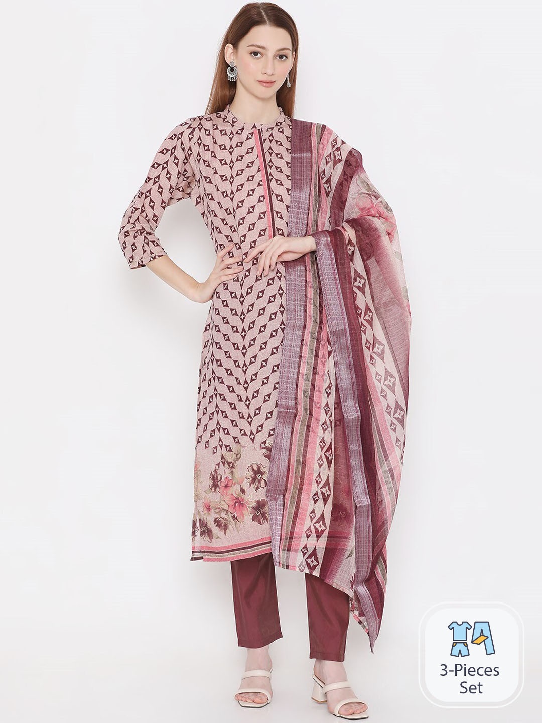 

PRESENT CREATION Ethnic Motifs Printed Regular Pure Cotton Kurta With Trousers & Dupatta, Coral