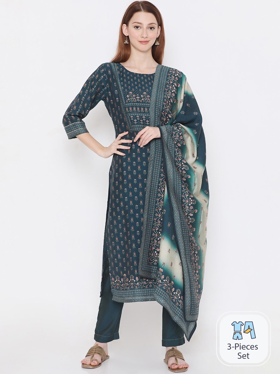 

PRESENT CREATION Ethnic Motifs Printed Pure Cotton Kurta With Trousers & Dupatta, Sea green