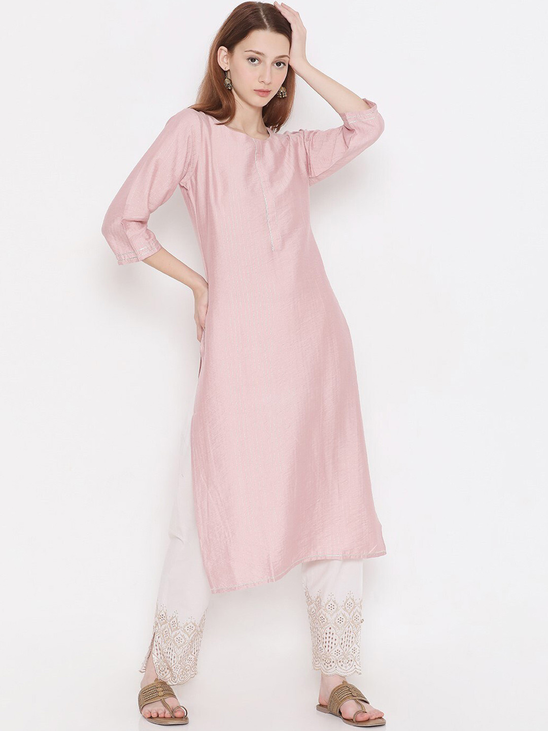 

PRESENT CREATION Woven Design Pure Cotton Straight Kurta, Pink