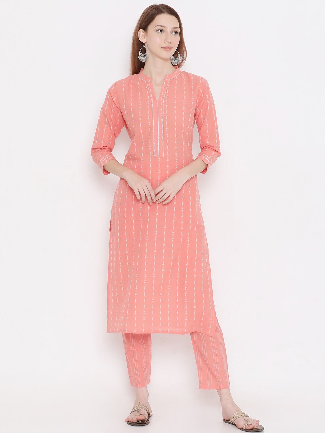 

PRESENT CREATION Striped Mandarin Collar Pure Cotton Kurta With Trousers, Coral