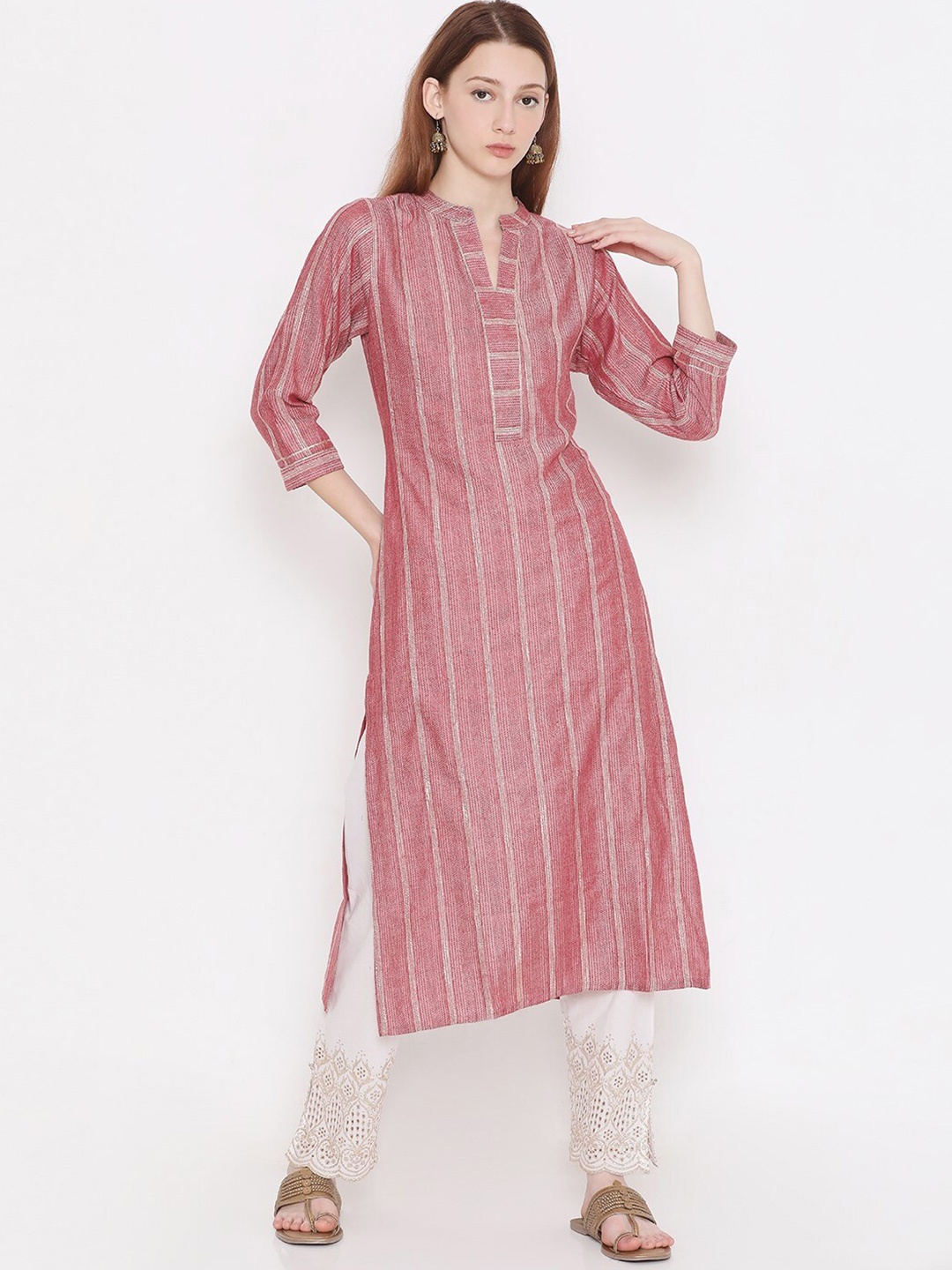 

PRESENT CREATION Striped Woven Design Pure Cotton Kurta, Red