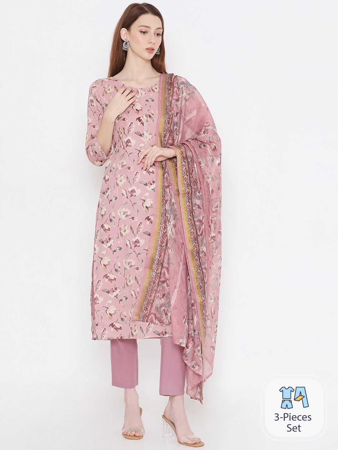 PRESENT CREATION Floral Printed Pure Cotton Kurta With Trousers & Dupatta, Coral