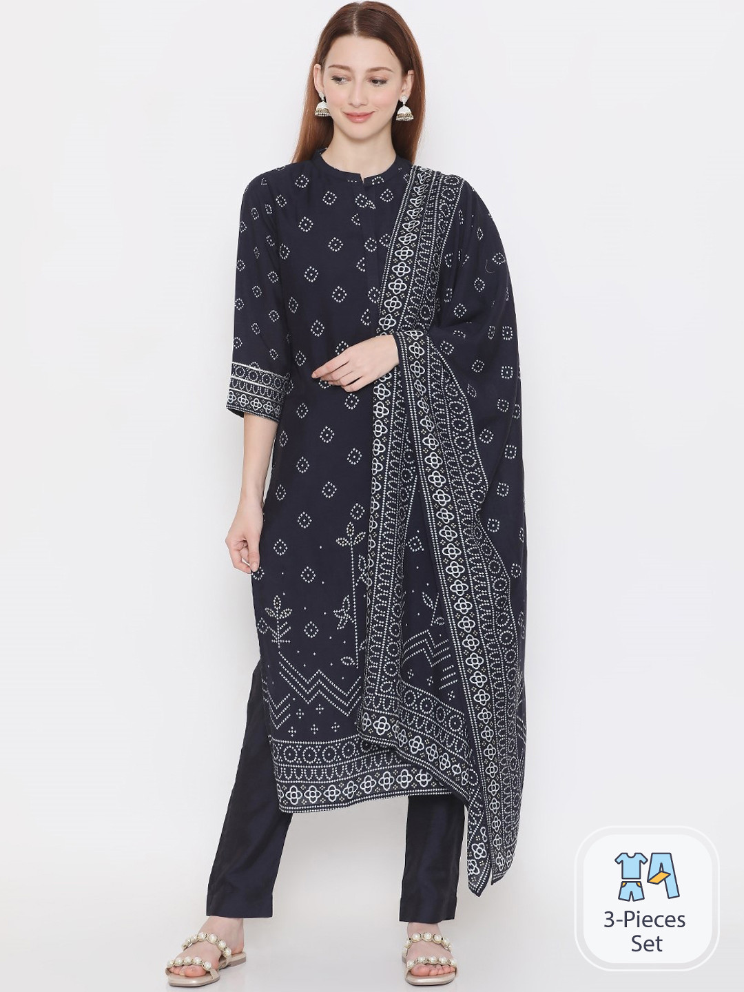 

PRESENT CREATION Ethnic Motifs Mandarin Collar Printed Pure Cotton Kurta Set, Black