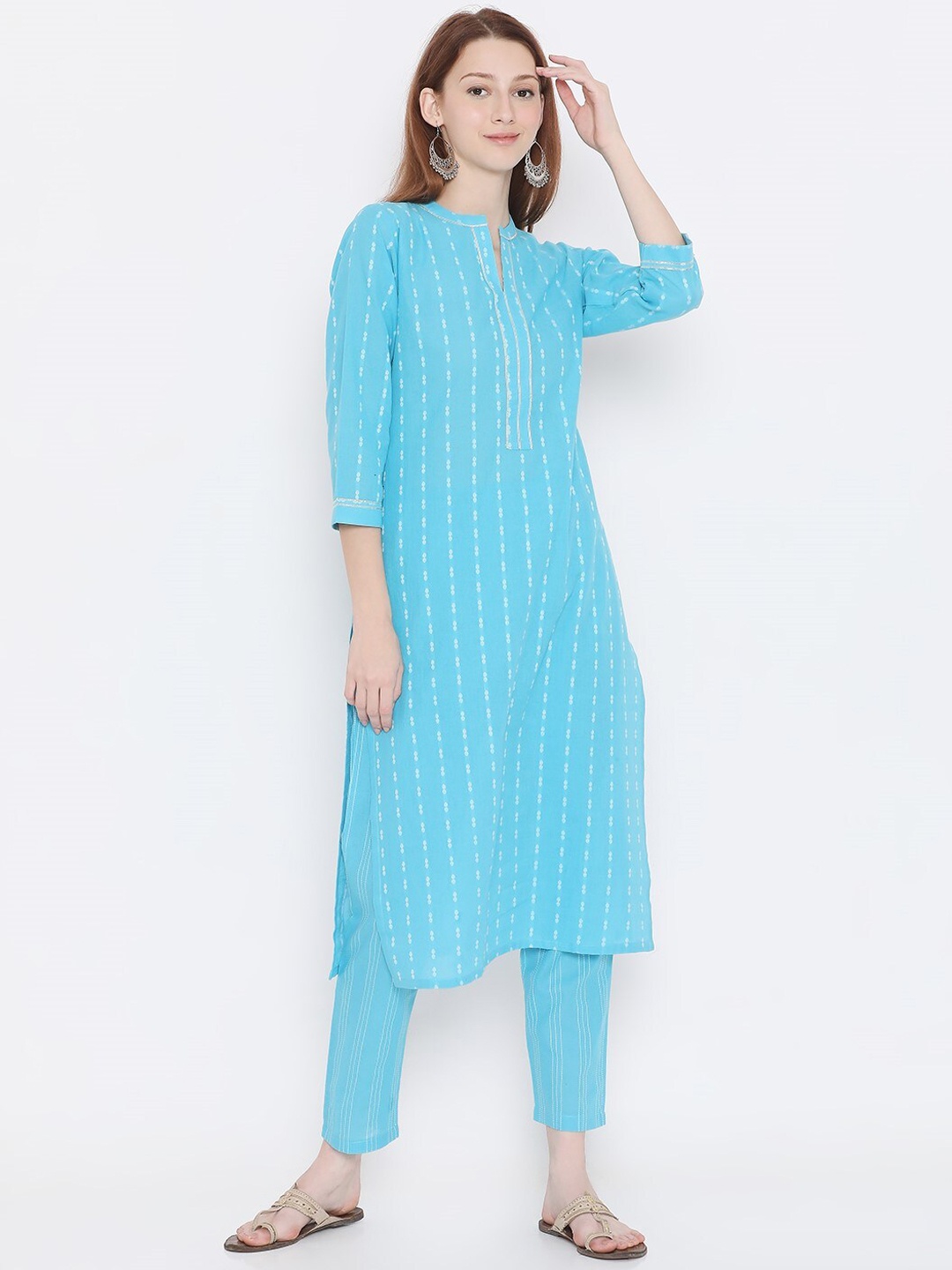 

PRESENT CREATION Ethnic Motifs Woven Design Pure Cotton Straight Kurta With Trousers, Blue