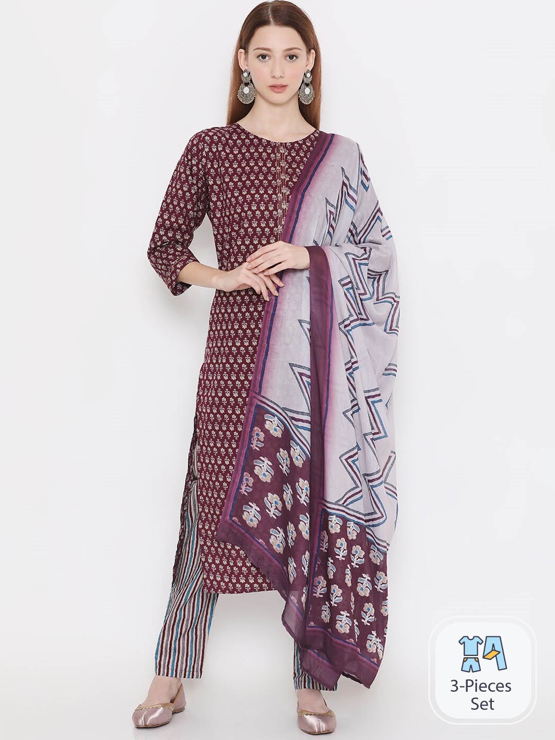 

PRESENT CREATION Floral Printed Pure Cotton Straight Kurta & Trousers With Dupatta, Maroon